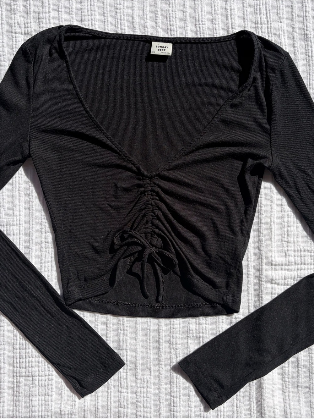 Sunday Best Black Ruched Tie-Front Crop Long Sleeve Top